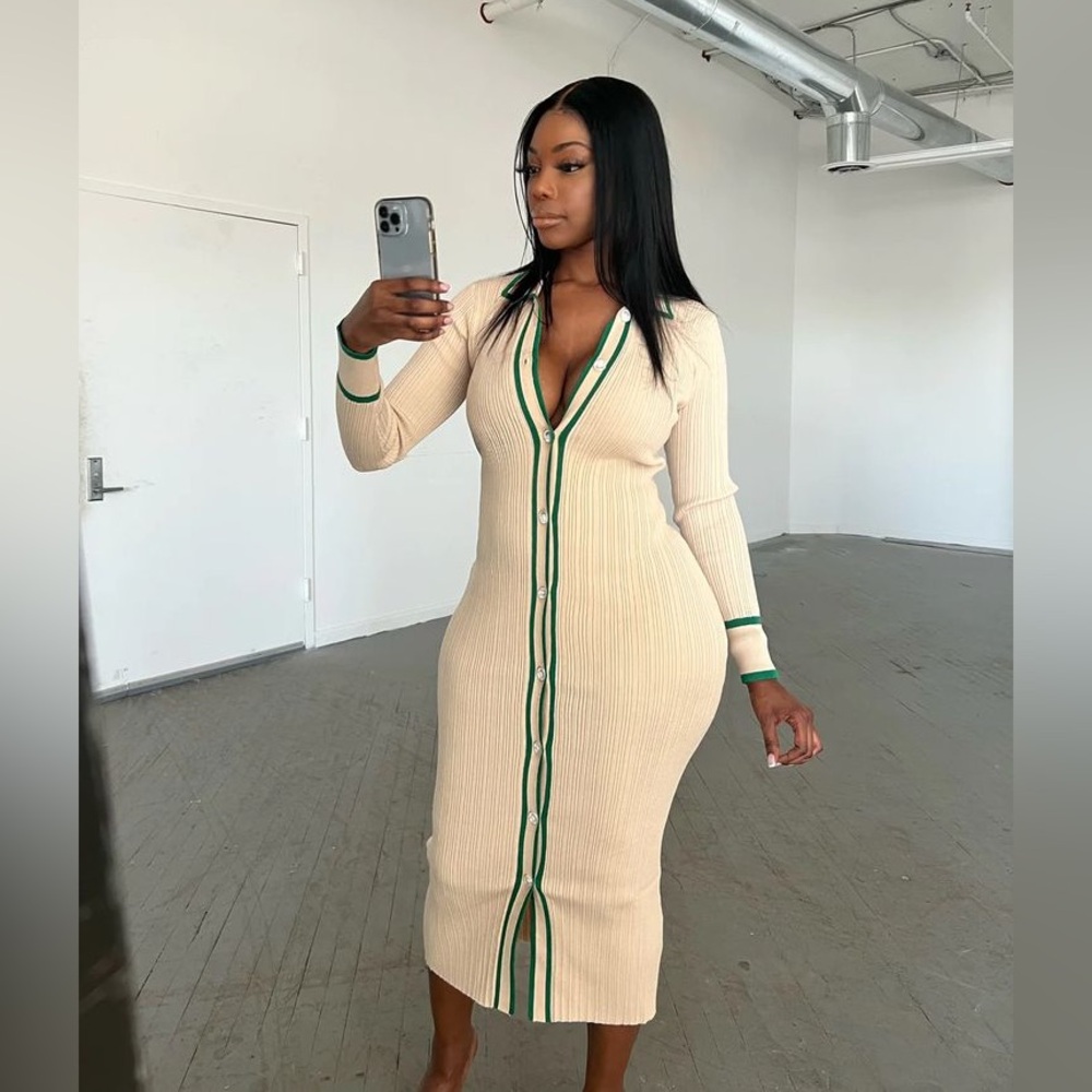 Elegant Cream Long Sleeve Dress with Green Accents